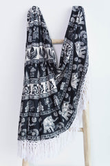 Ronde handdoek BLACK WHITE, WHITE FRINGE