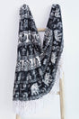 Ronde handdoek BLACK WHITE, WHITE FRINGE